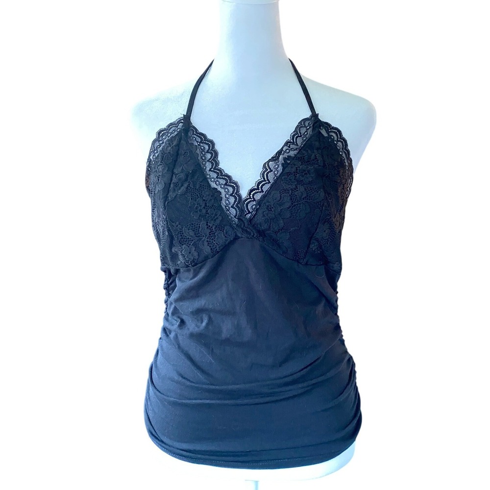 Lace Black Halter Top Ruched Cami Large Coquette Whimsygoth Y2K Femme Fairy Boho